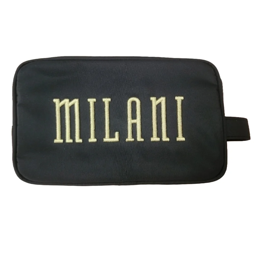 Milani makeup bag travel pouch black nylon gold embroidered